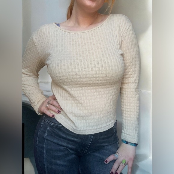 VTG One Step Up Cream Textured Long Sleeve Top - Picture 1 of 3